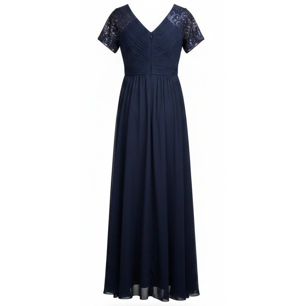 Adrianna Papell Navy Blue Sequin Short Sleeve Pleated Evening Gown Dress 58in